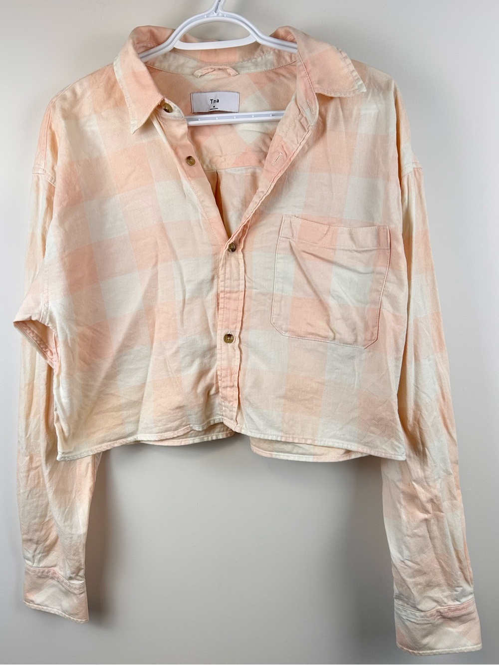 Aritzia TNA Cropped Plaid Button Up Shirt Peach Cream 100% Cotton Size M